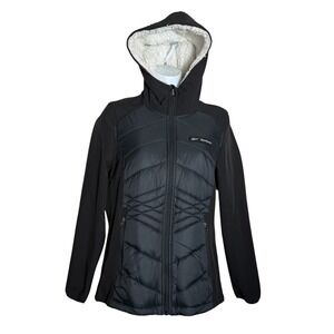 Reebok‎ Puffer Jacket Women's Size Small Black Fleece Hybrid Hooded PERFECT 🖤